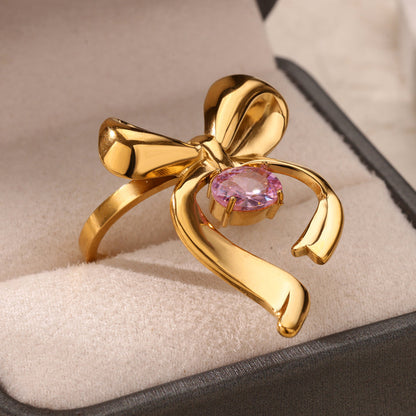 Gold Bowknot Pink Gem Ring