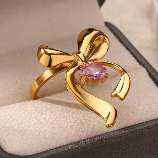 Gold Bowknot Pink Gem Ring