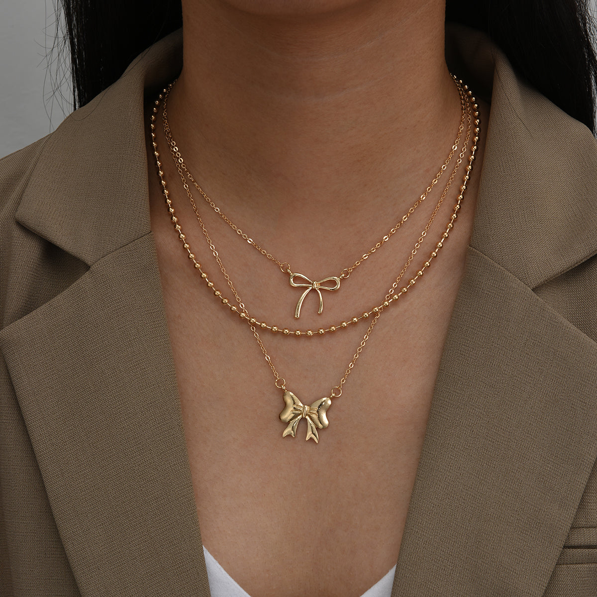 3pc Bow Charm Layered Necklace Set