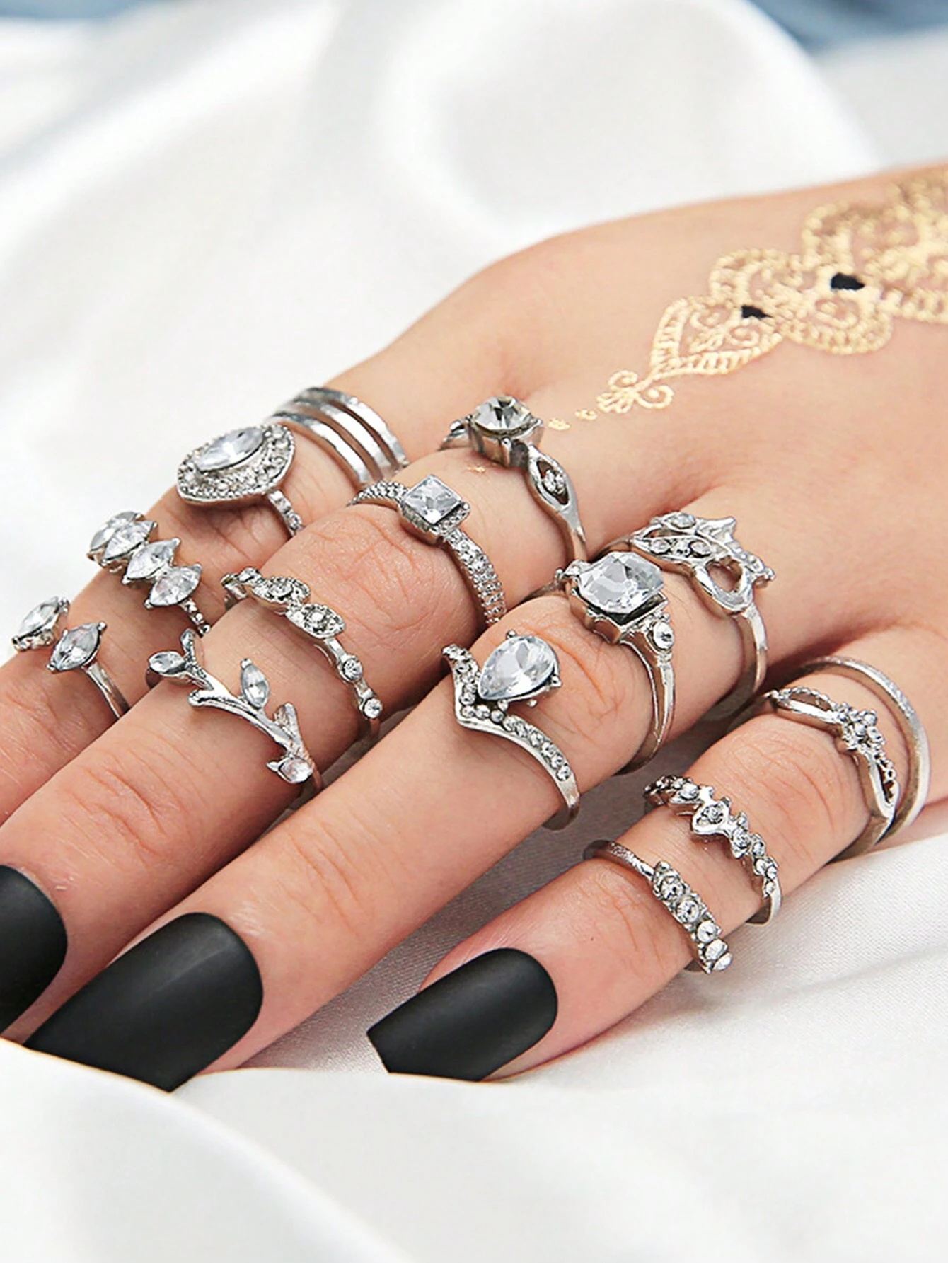 15pc Silver Crystal Statement Ring Set