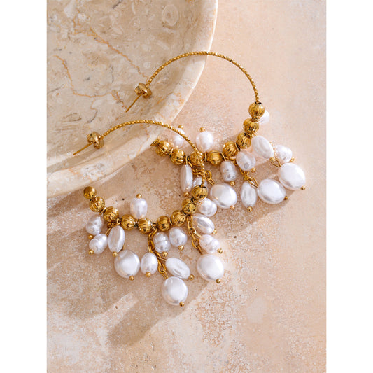 Baroque Pearl Drop Hoop Earrings