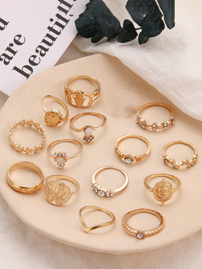 14pc Vintage Coin & Heart Ring Set