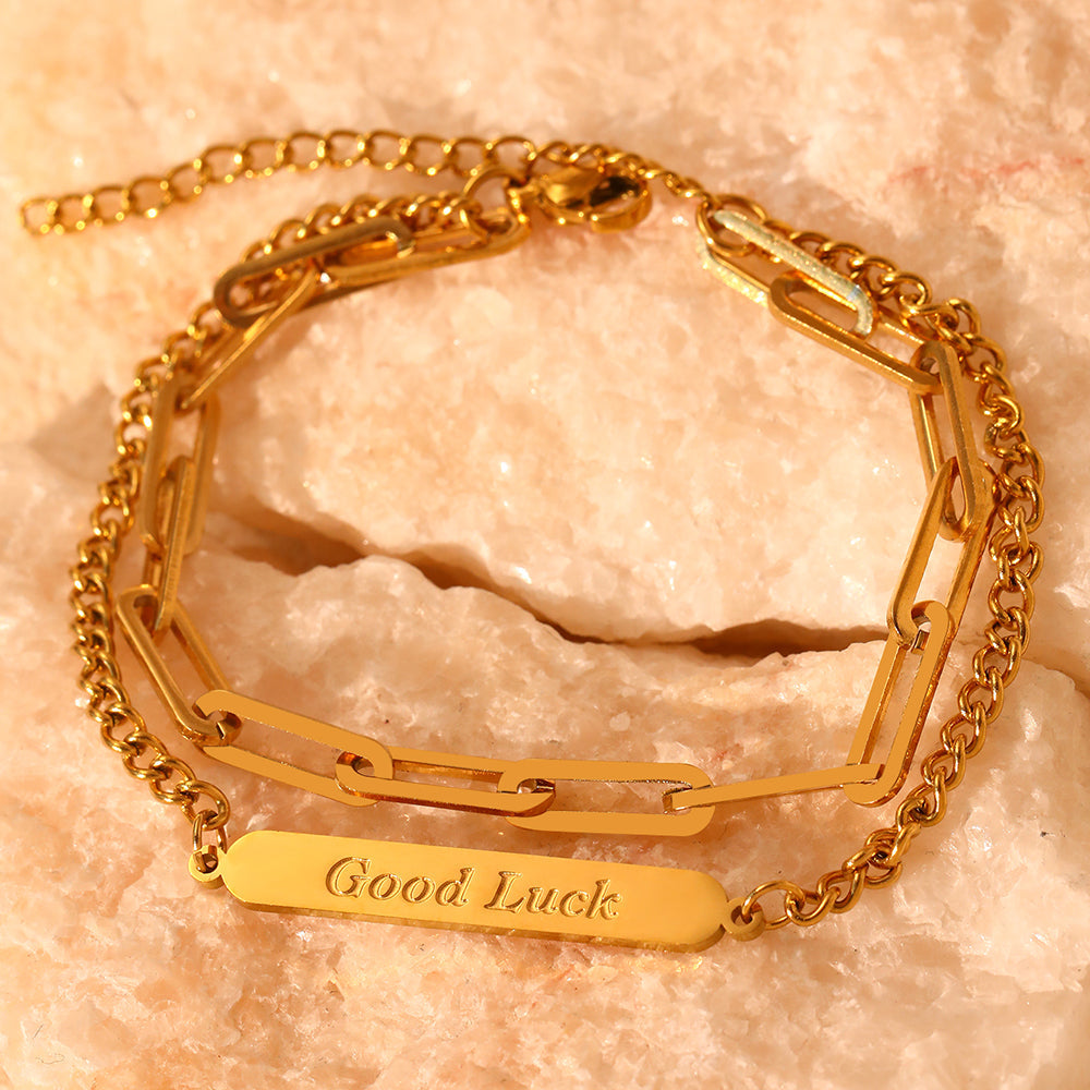 Good Luck Tag & Paperclip Chain Bracelet Set