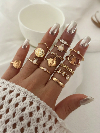 14pc Vintage Coin & Heart Ring Set