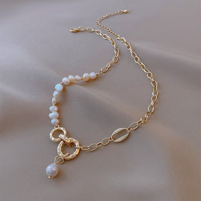 Asymmetric Pearl & Chain Drop Necklace