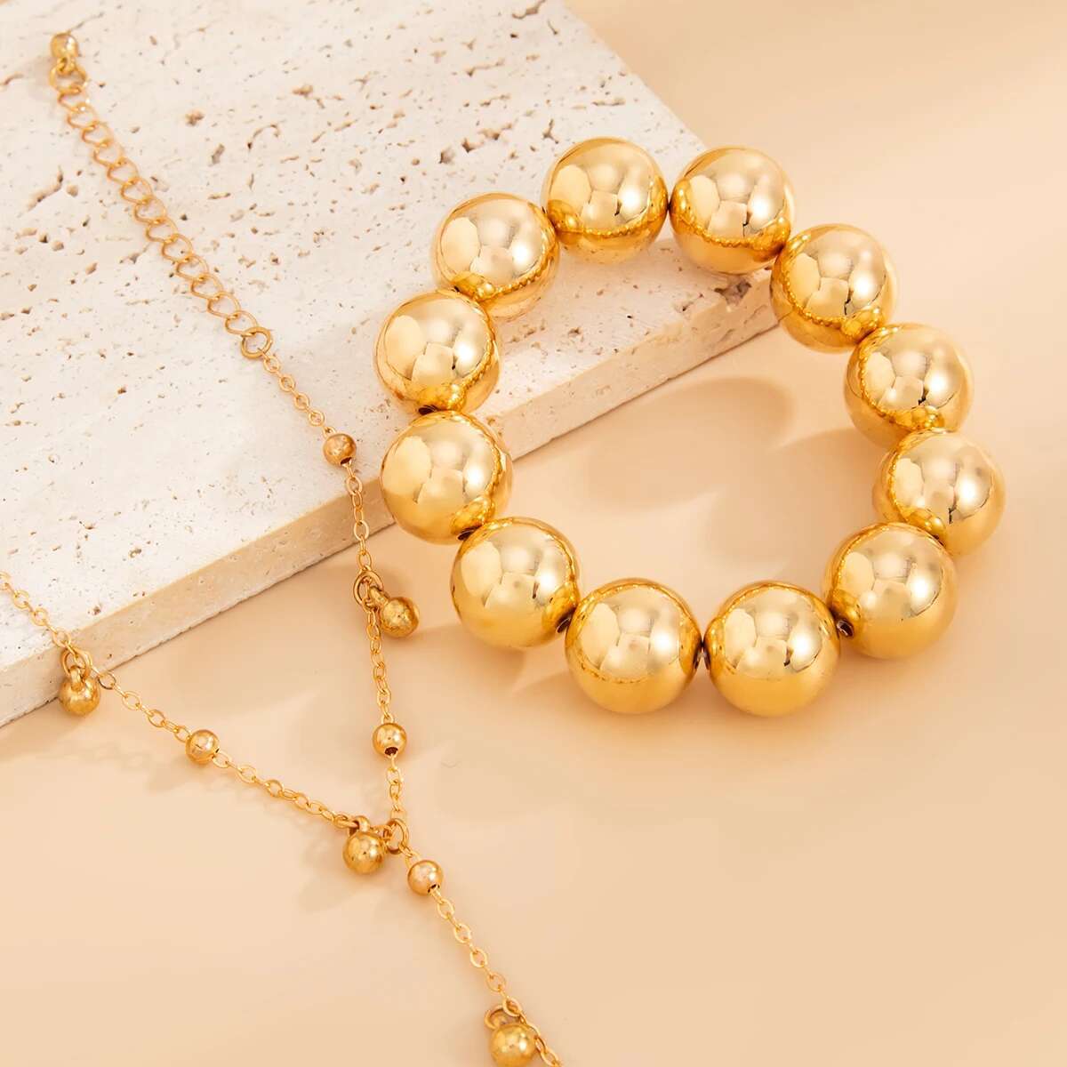 2pc Gold Beaded Ring Chain Bracelet Set