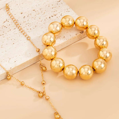 2pc Gold Beaded Ring Chain Bracelet Set