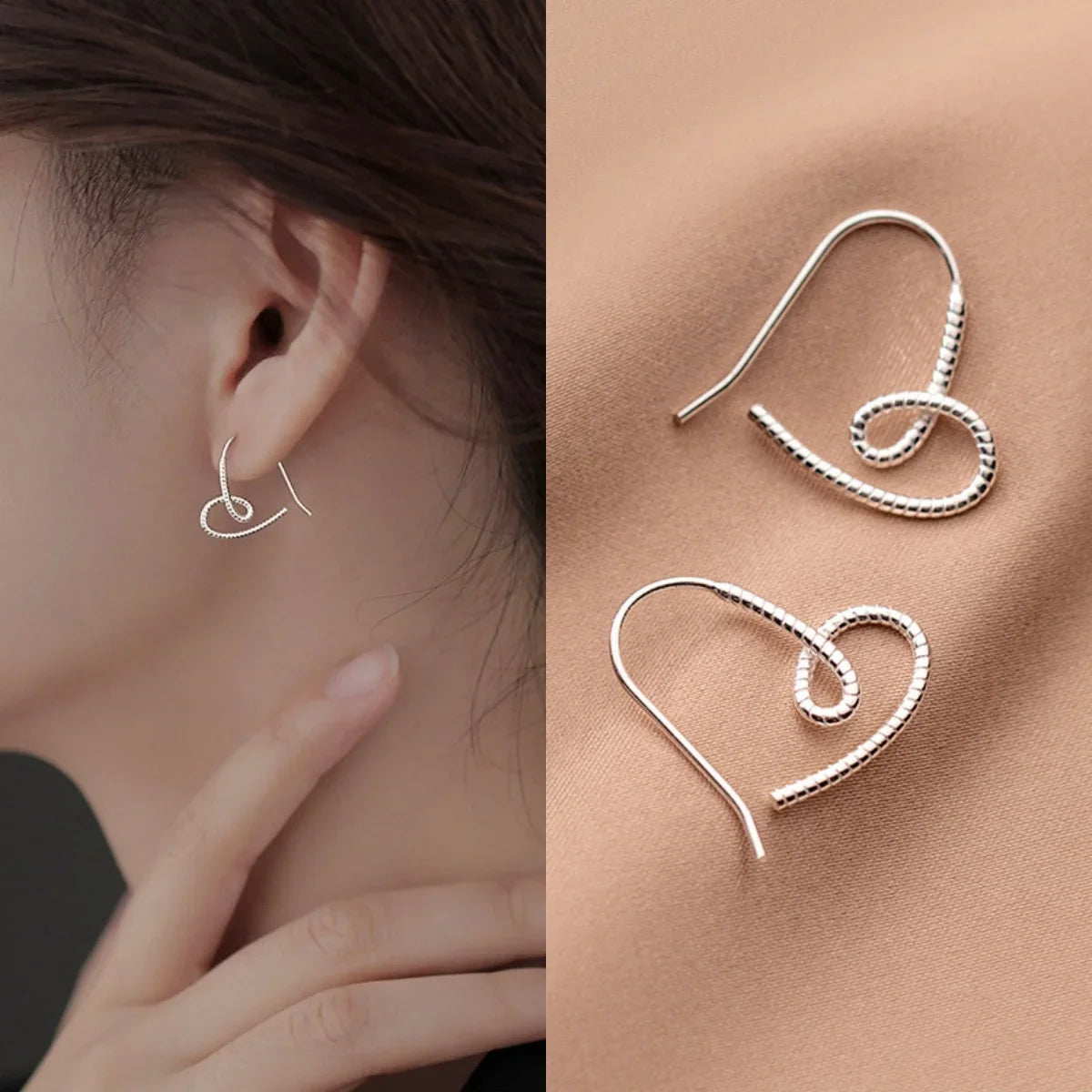 925 Silver Textured Heart Hook Earrings