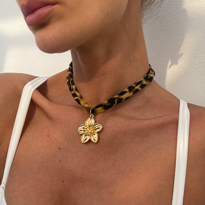 Leopard Velvet Floral Pendant Choker