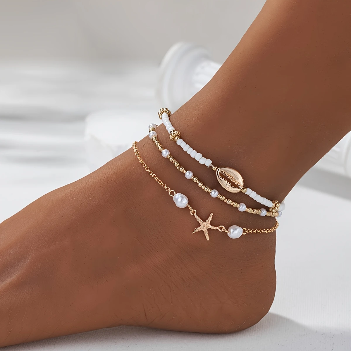 3pc Starfish & Shell Beaded Anklet Set