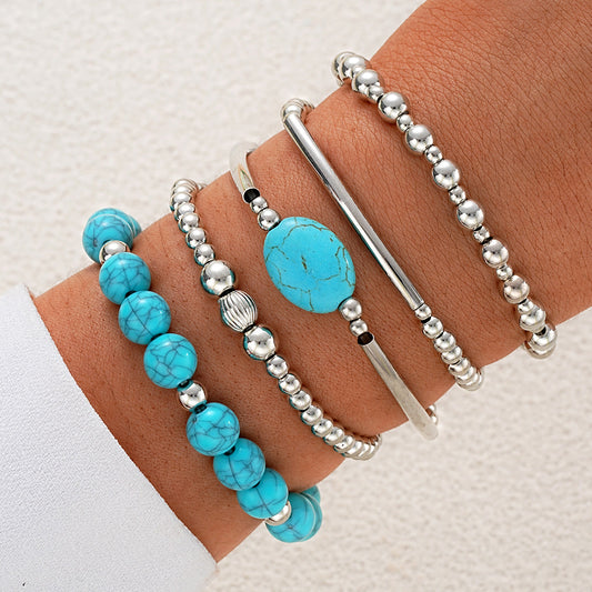 5pc Boho Turquoise & Silver Bangle Bracelet Set