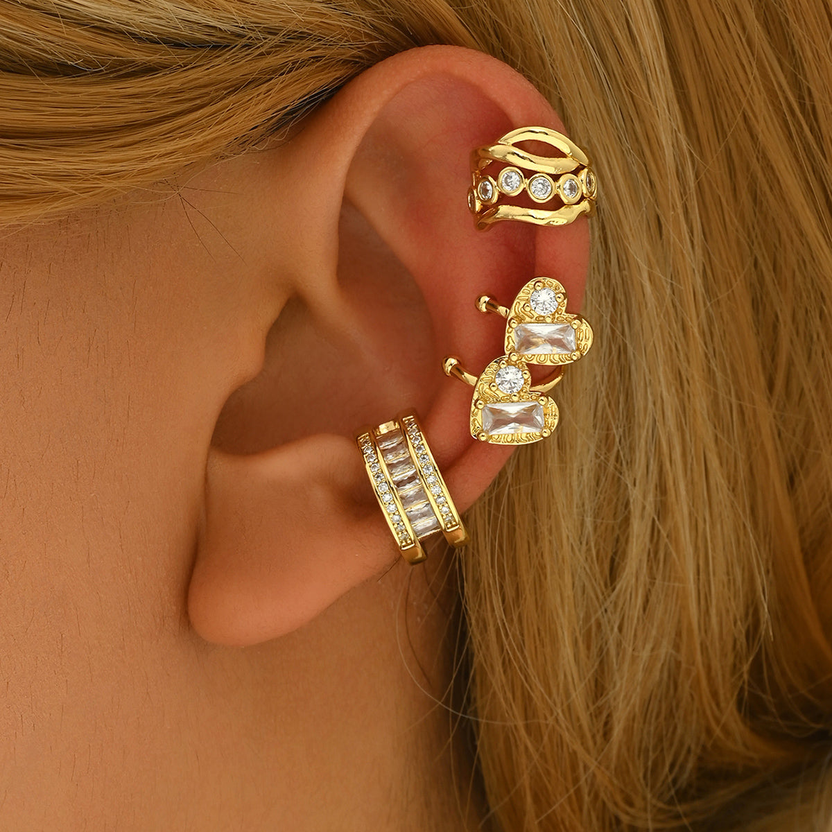 3pc Gold Crystal Cuff Earring Set