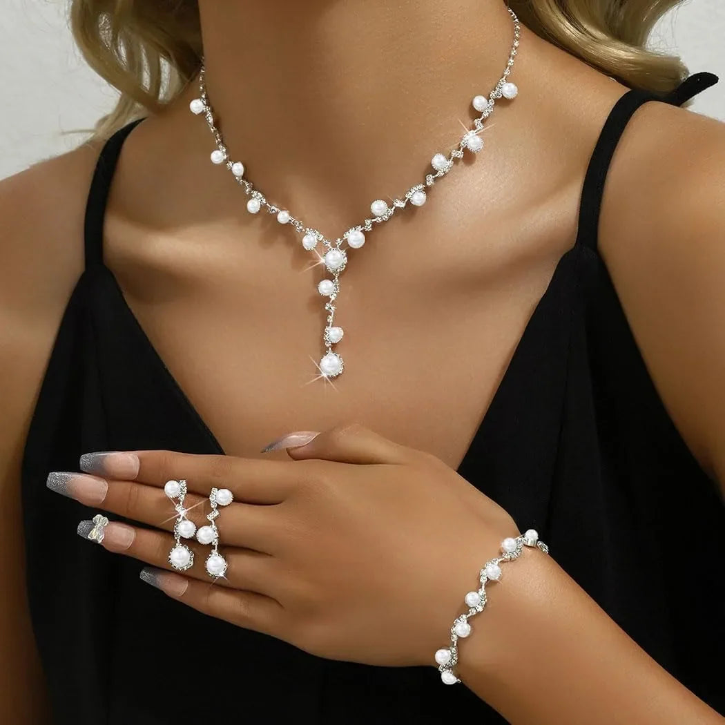 4pc Pearl Rhinestone Bridal Jewelry Set