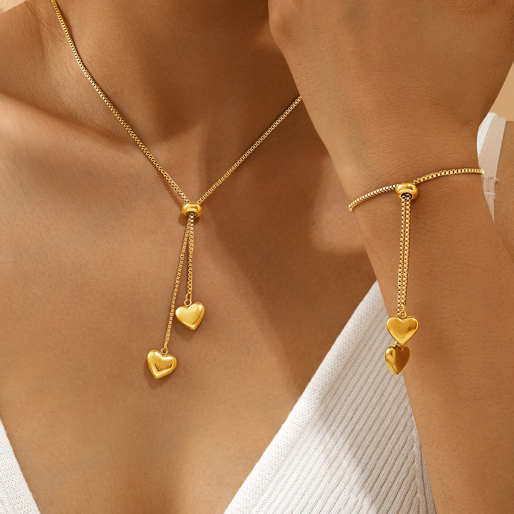 2pc Gold Heart Pendant Necklace & Bracelet Set