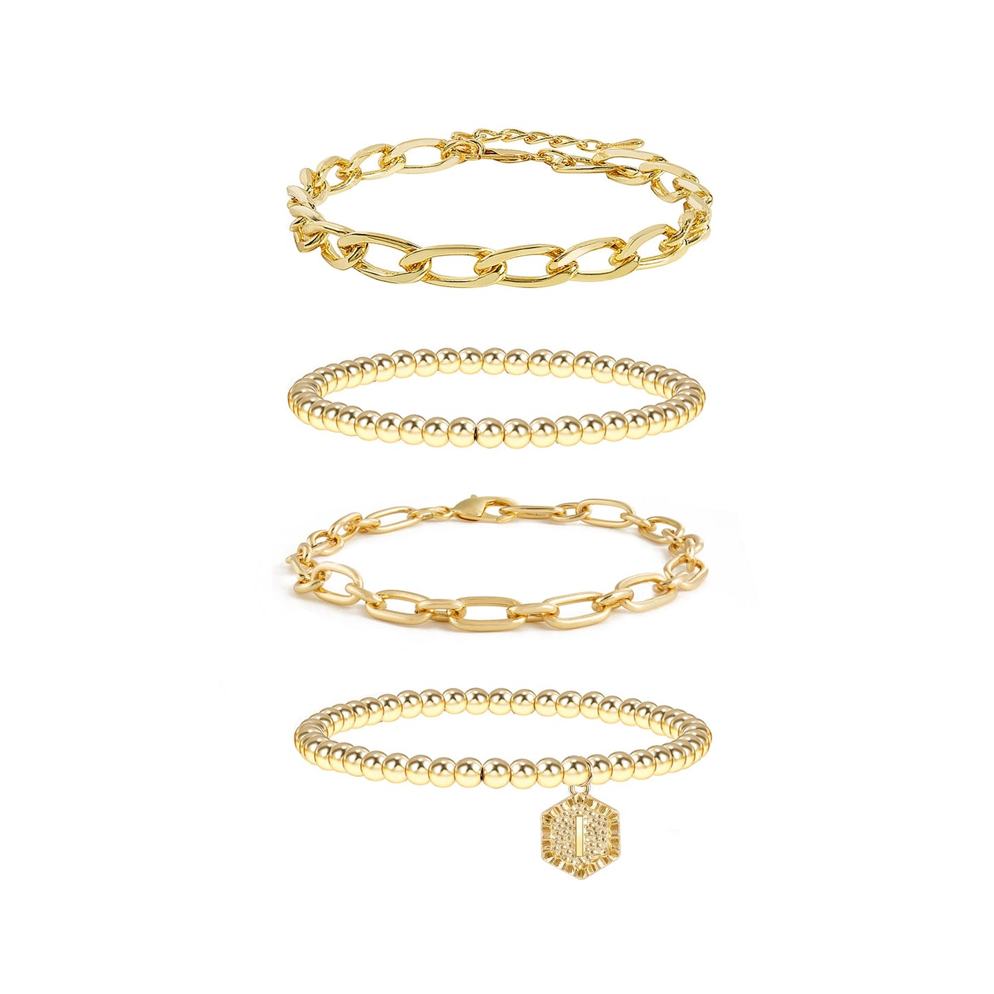 5pc Gold Beaded Chain Bracelet Set with Initial Charm