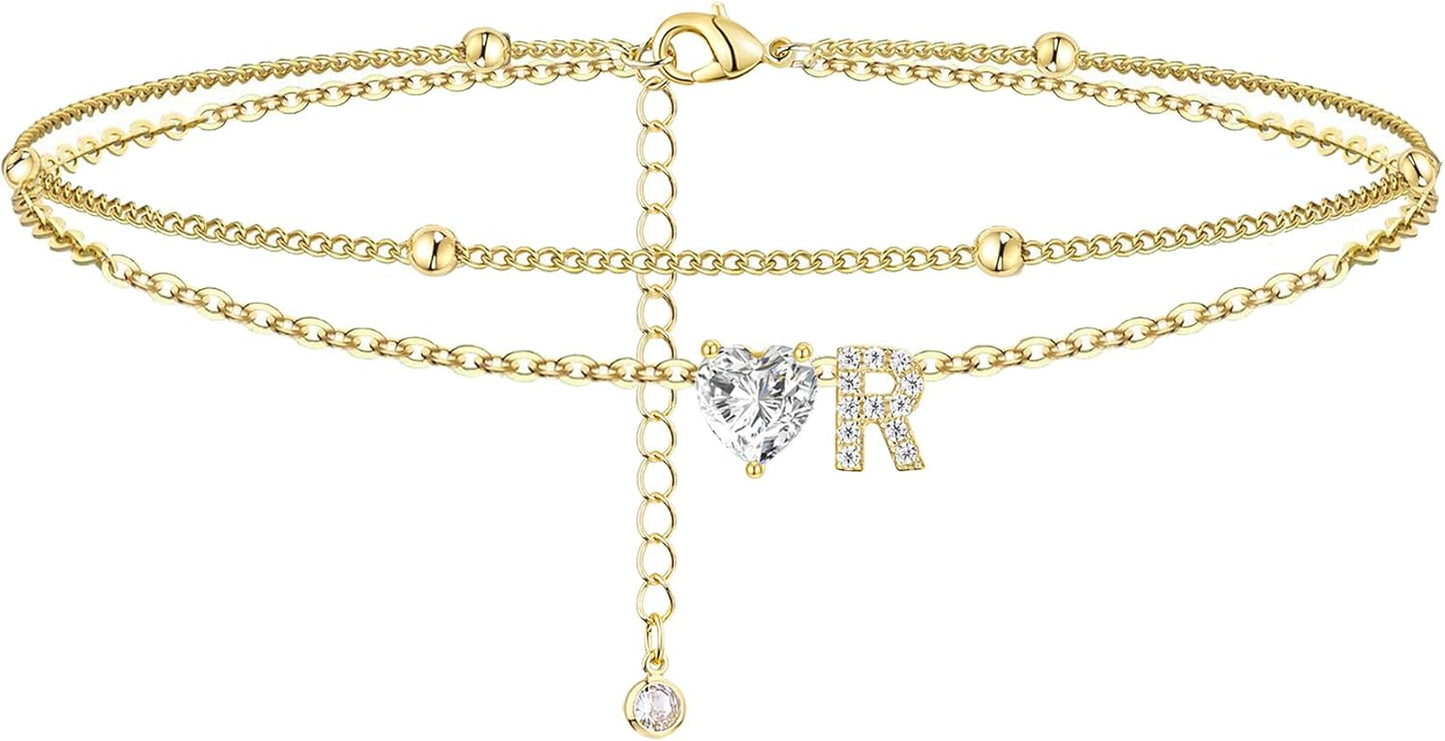 Gold Heart Charm Initial Anklet
