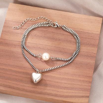 Gold Heart & Pearl Charm Bracelet Set
