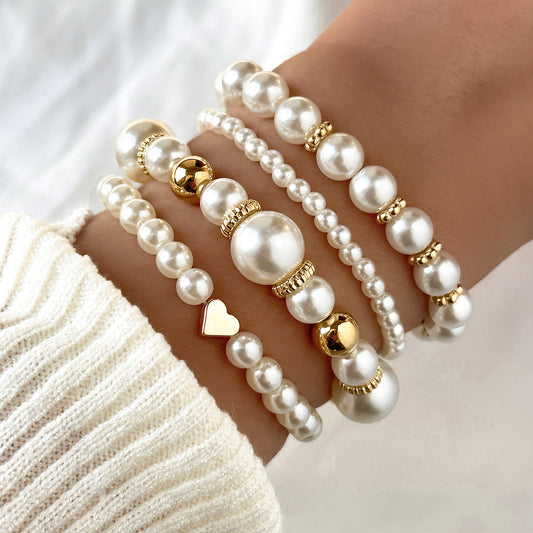 3-Color Boho Pearl & Heart Beaded Bracelet Set