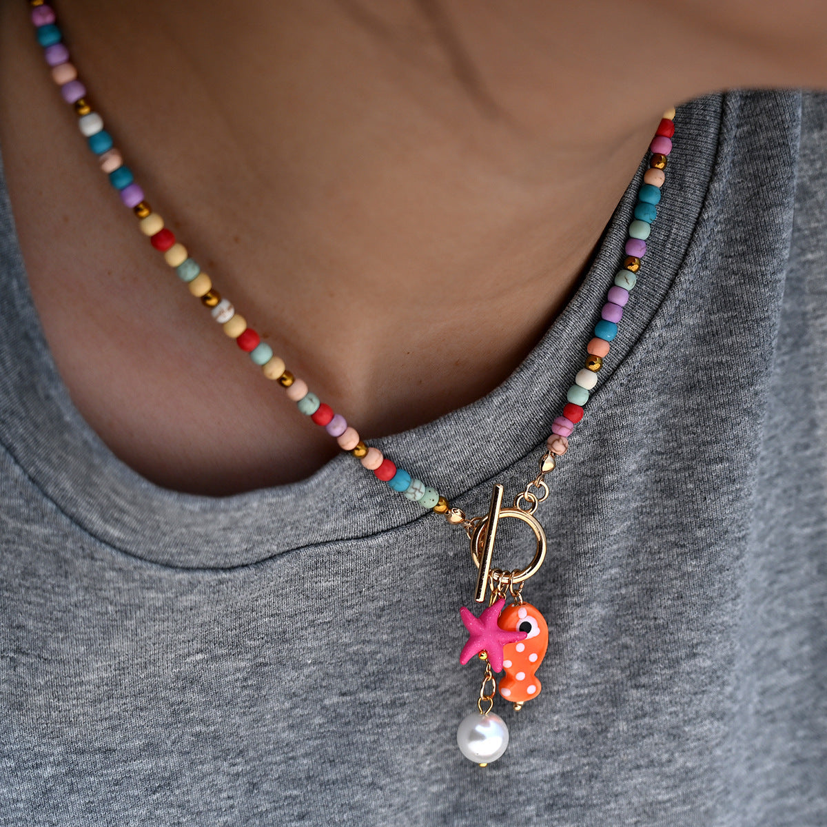 Rainbow Ceramic Fish & Starfish Necklace