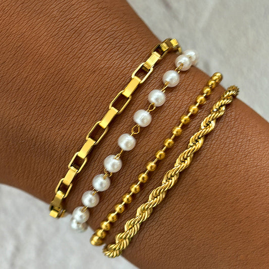 4pc Gold & Pearl Chain Bracelet Set