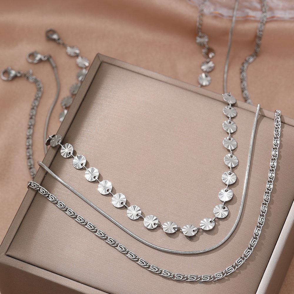 3-Layer Geometric Sunburst & Chain Necklace Set
