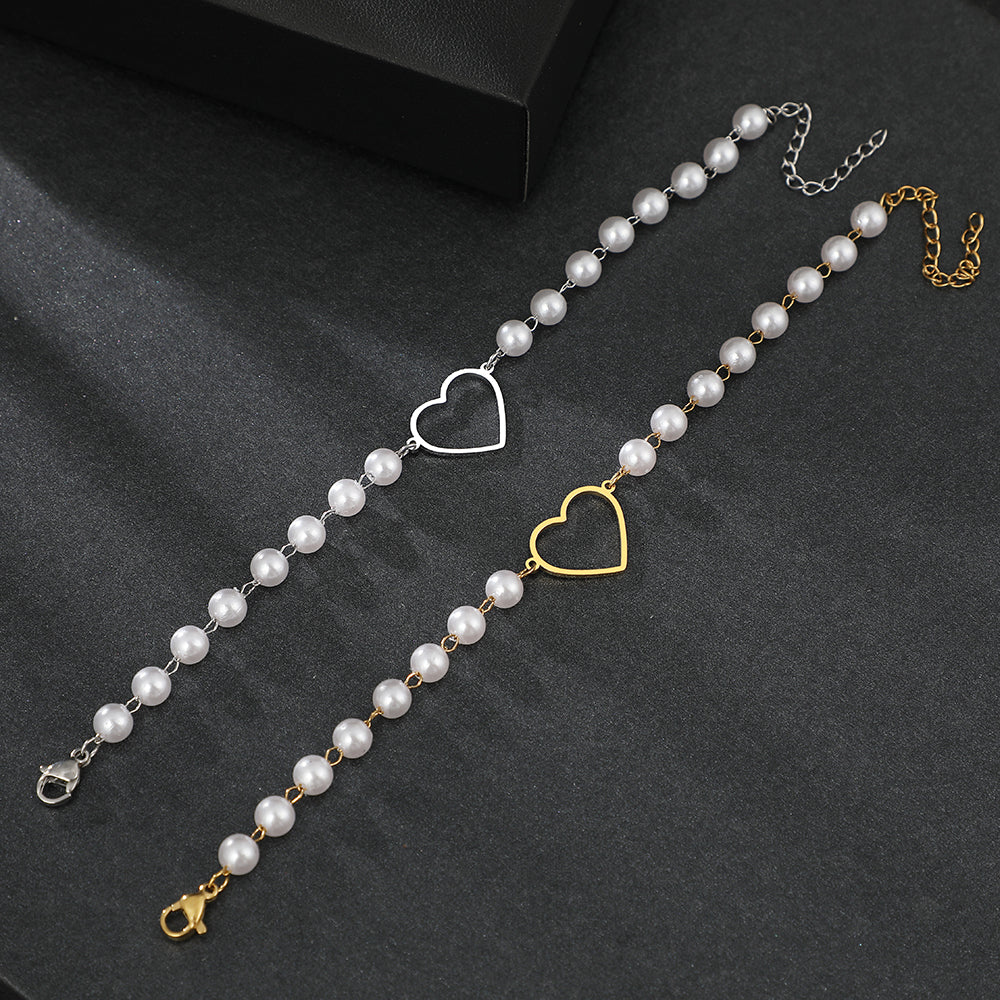 Gold Heart & Pearl Chain Bracelet