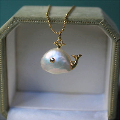 Gold Pearl Fish Pendant Necklace
