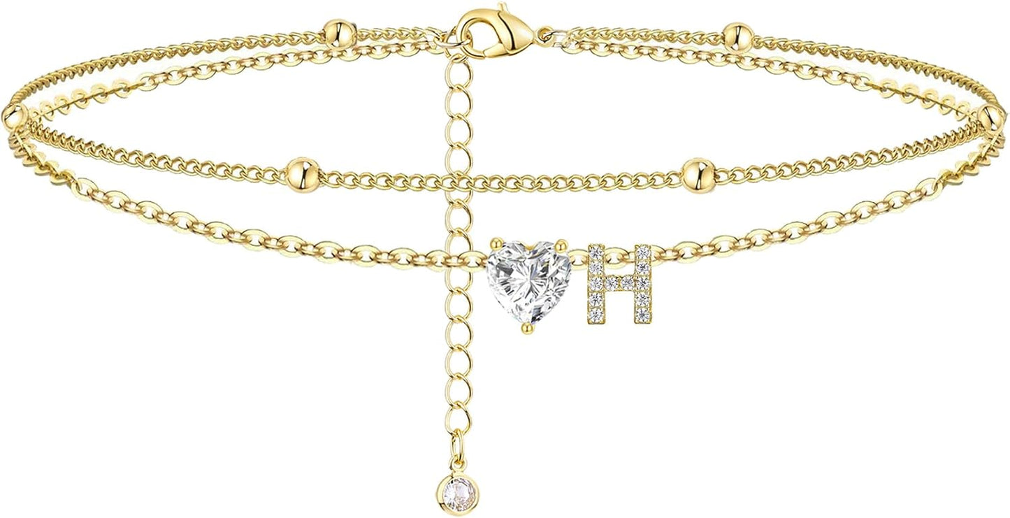 Gold Heart Charm Initial Anklet