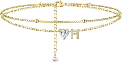 Gold Heart Charm Initial Anklet