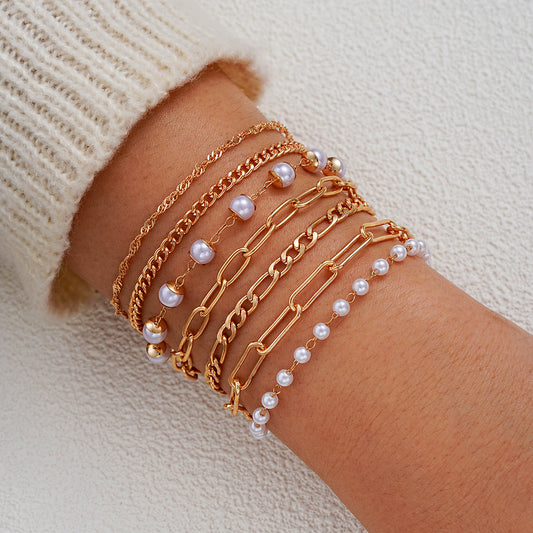 7pc Boho Pearl & Snake Chain Bracelet Set