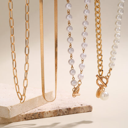 5pc Pearl & Chain Layered Necklace Set