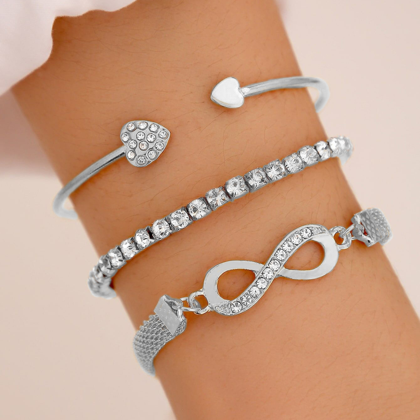 3pc Crystal Heart & Infinity Bracelet Set