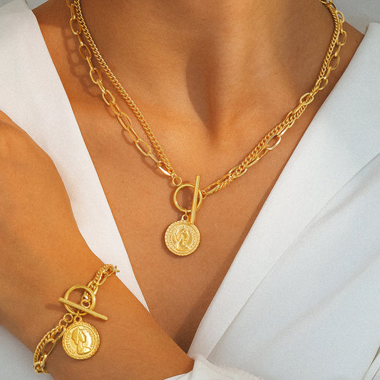 Coin Pendant Chain Necklace & Bracelet Set