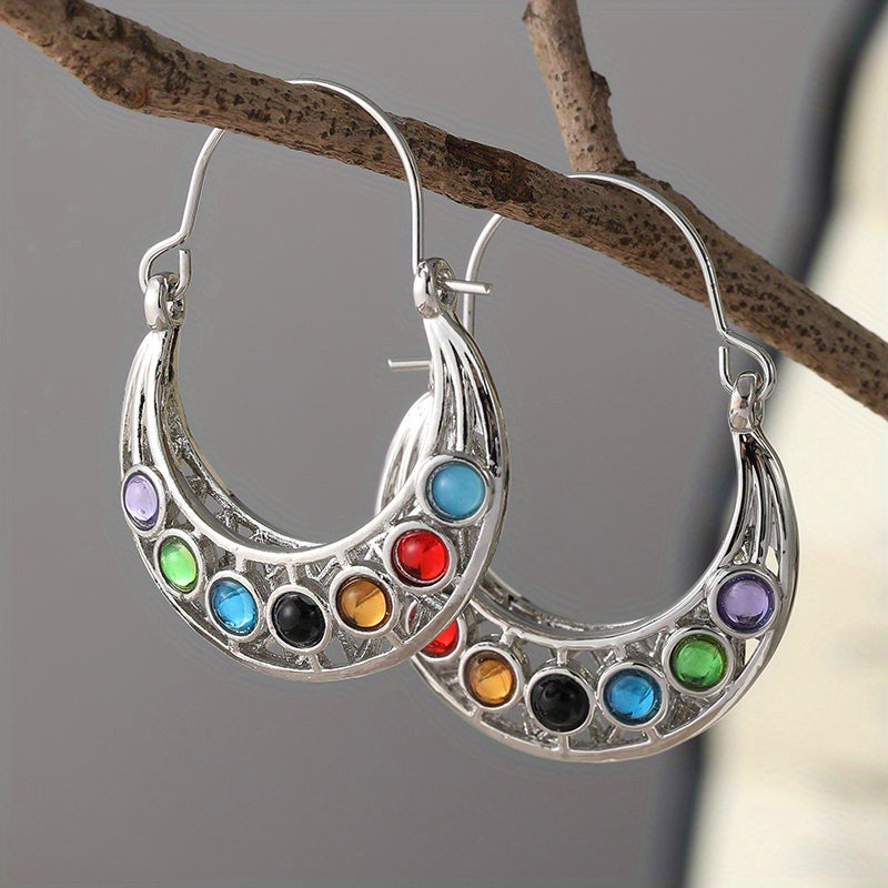 Retro Gemstone Hoop Earrings