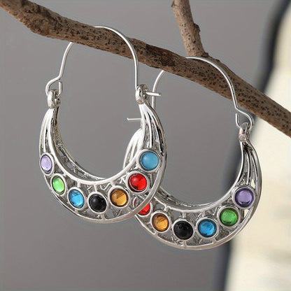 Retro Gemstone Hoop Earrings