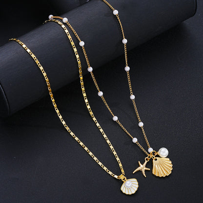 Layered Pearl Seashell Charm Necklace