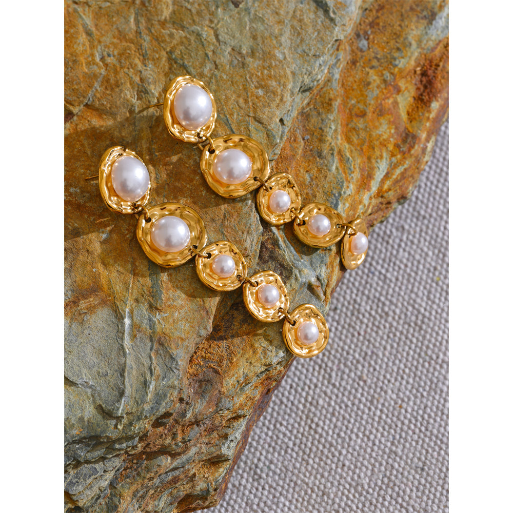 Gold Textured Pearl Drop Earrings