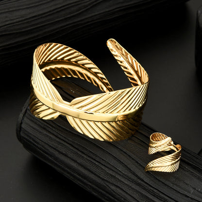 2pc Leaf & Cross Bracelet Ring Set