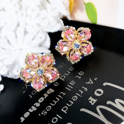 Pink Crystal Flower Stud Earrings