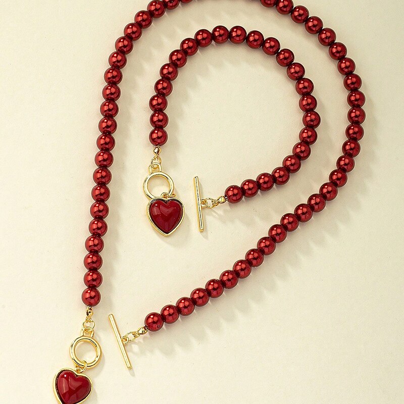 2pc Red Pearl Heart Jewelry Set