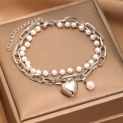 2pc Gold Heart & Pearl Charm Bracelet Set