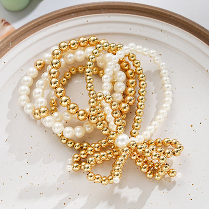 6pc Pearl & Gold Beaded Bow Bracelet Set
