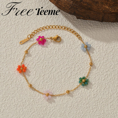 Colorful Beaded Flower Chain Bracelet