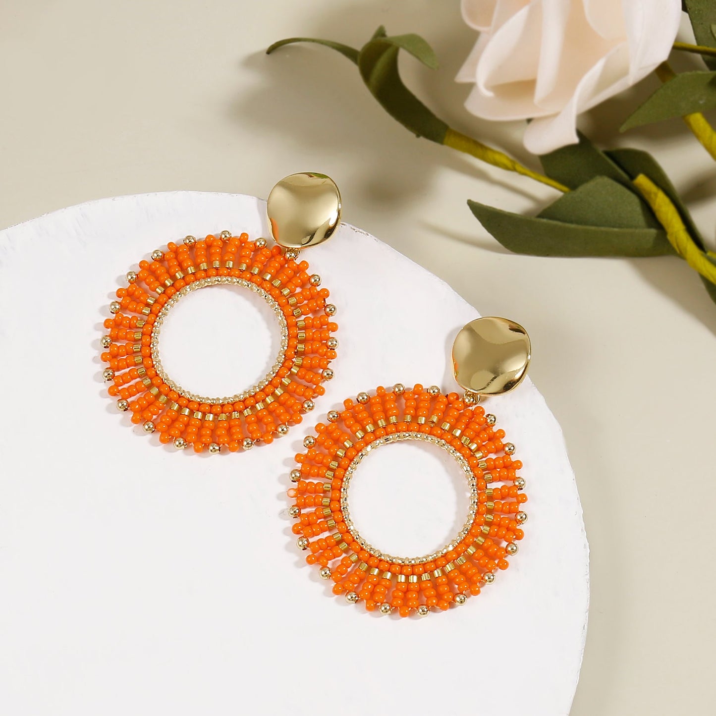 Orange Beaded Circle Drop Earrings