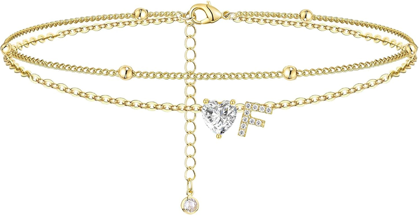 Gold Heart Charm Initial Anklet