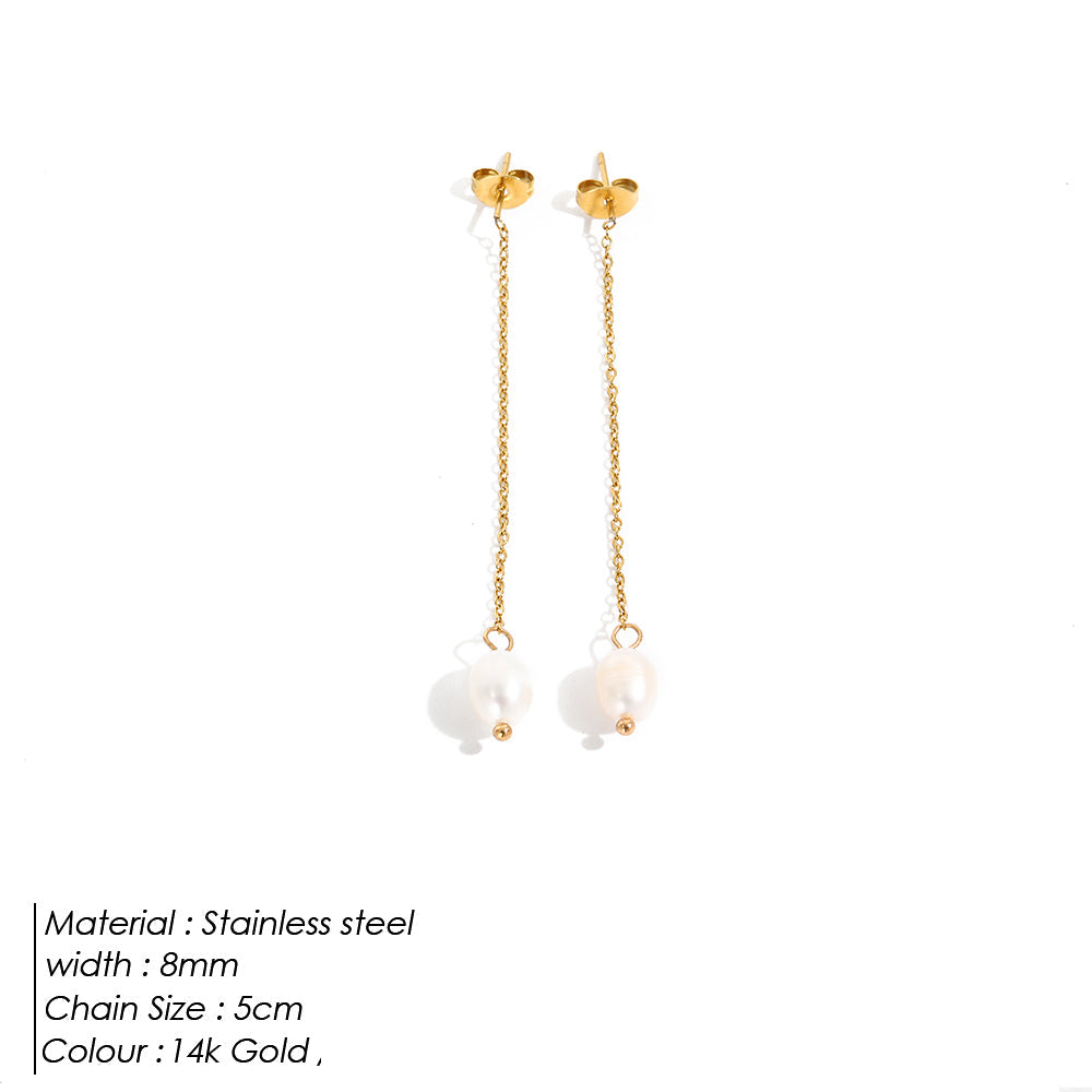 14k Gold Pearl Chain Drop Earrings