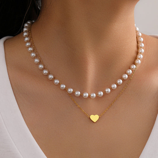 2pc Pearl and Heart Pendant Necklace Set