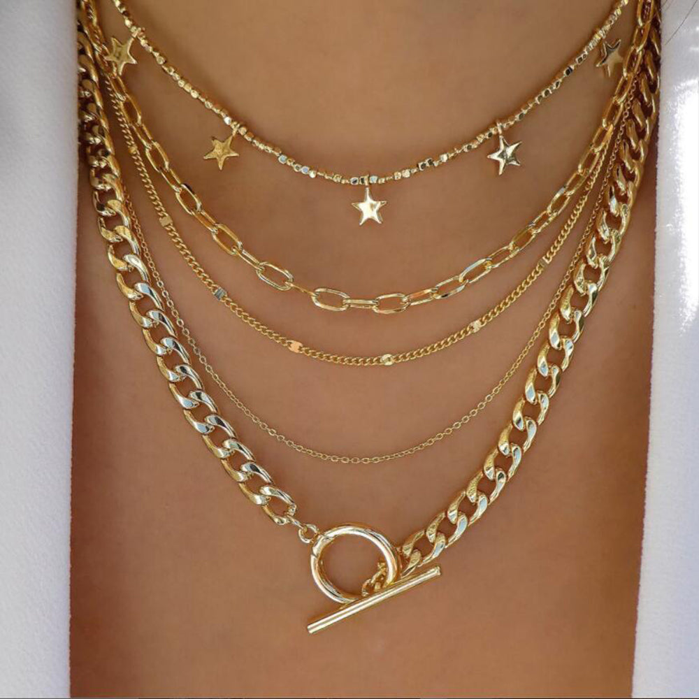 Layered Gold Star Chain Necklace Set