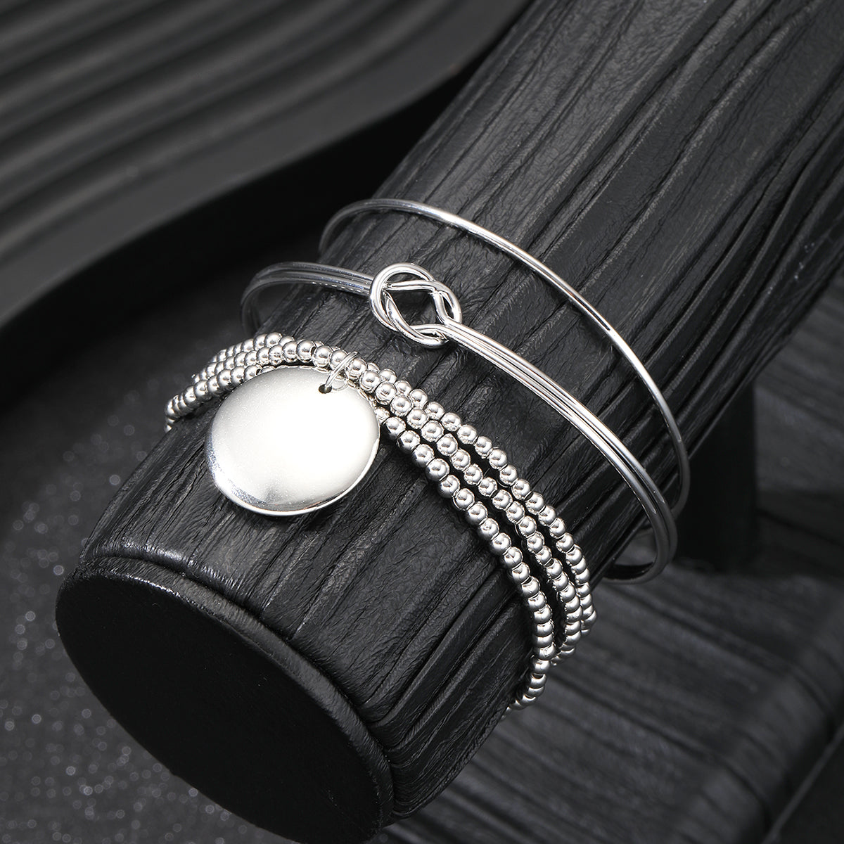 3pc Minimalist Silver Bangle & Beaded Bracelet Set