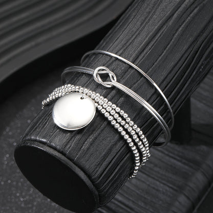 3pc Minimalist Silver Bangle & Beaded Bracelet Set